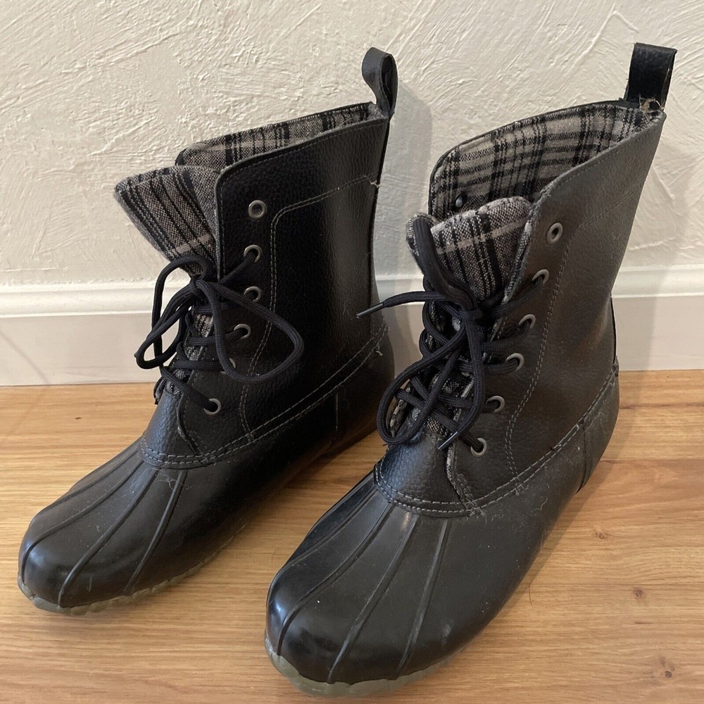 SPORTO Black Duck Boots womens 9 M Winter Rain Snow Galoshes Plaid Waterproof